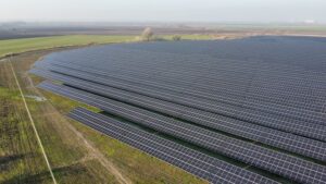 un champ de panneaux solaires entouré de verdure
