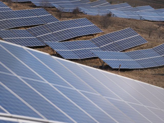 des panneaux solaies dans un champs posés par terre, TVA panneaux solaires professionnels