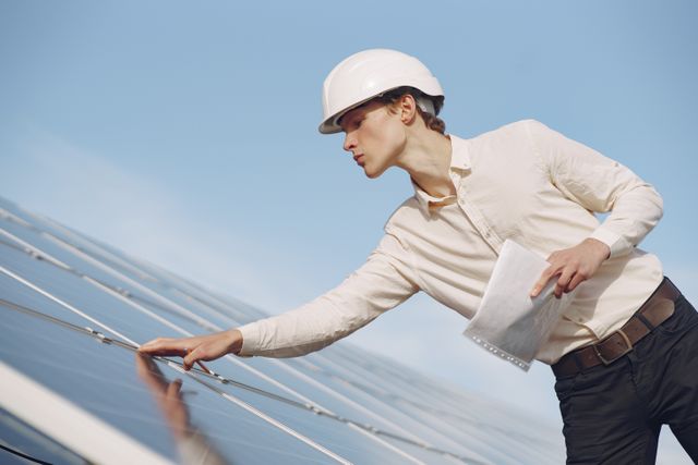 un professionnel en chemise blanche qui se penche sur un panneau solaire, Maintenance photovoltaïque