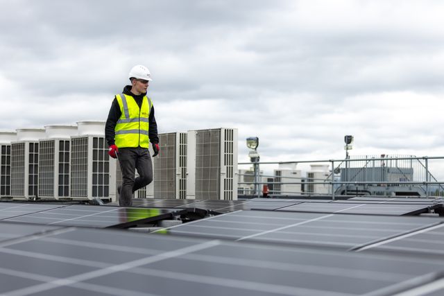 un technicien en tenue de travail qui marche sur un toit rempli de panneaux solaire pour un depannage photovoltaique