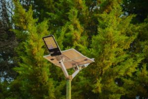 lampadaire solaire avec des arbres en arrière plan, éclairage public solaire commune
