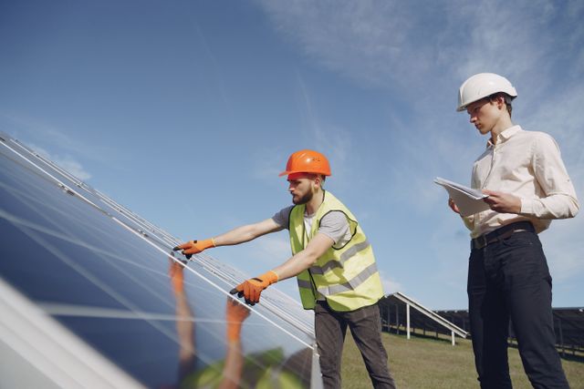 deux professionnels qui vérifient des panneaux photovol taiques, panneaux solaires professionnels
